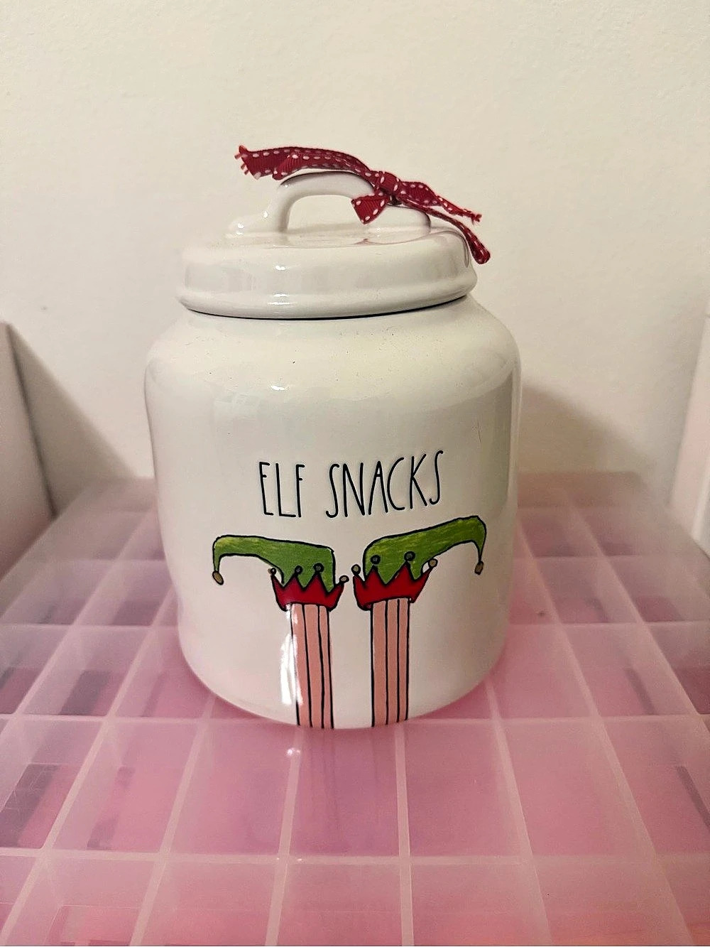 Rae Dunn Elf Snacks Canister in White & Red